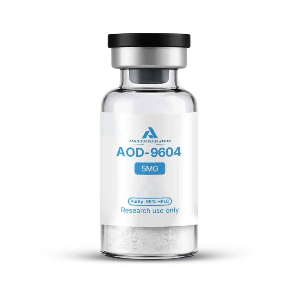 AOD-9604 research vial of lyophilised powder, AminoOptimization label
