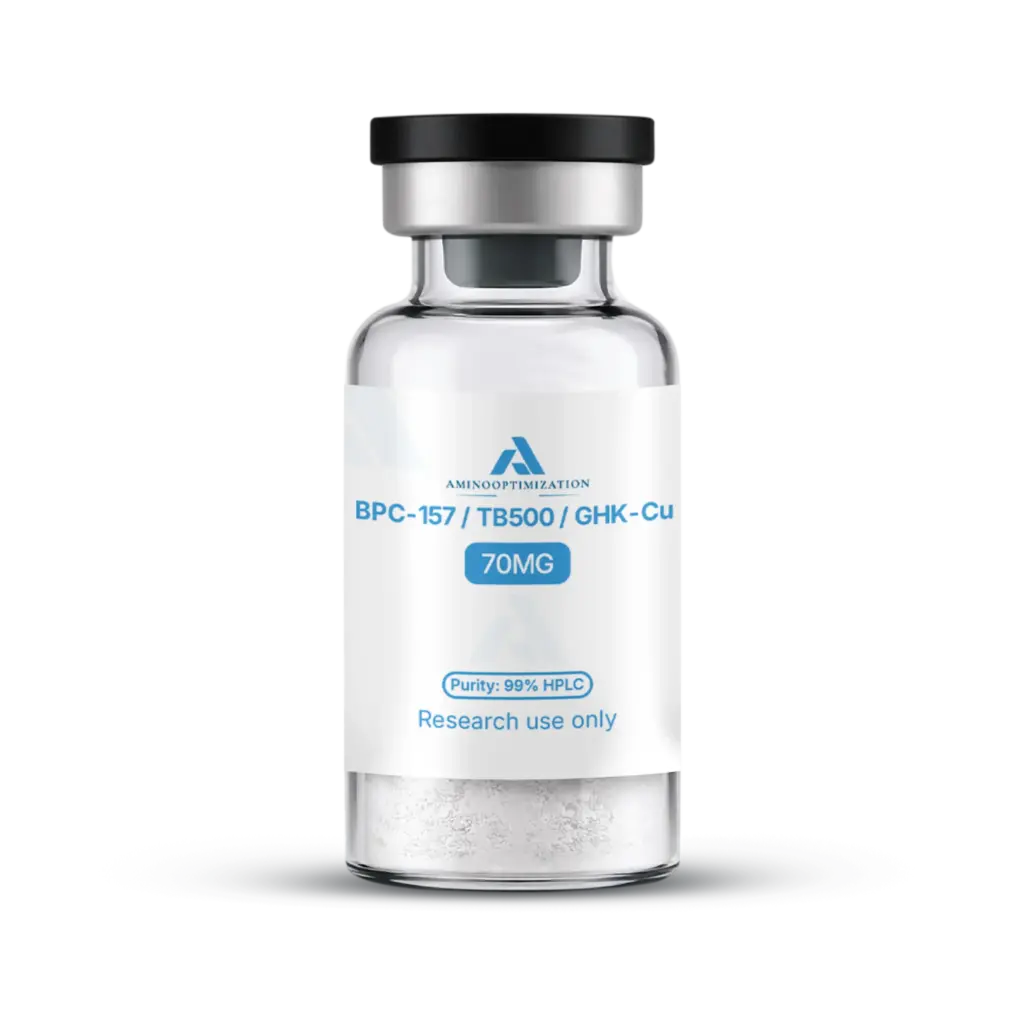 BPC-157 / TB500 / GHK-Cu research vial of lyophilised powder, AminoOptimization label