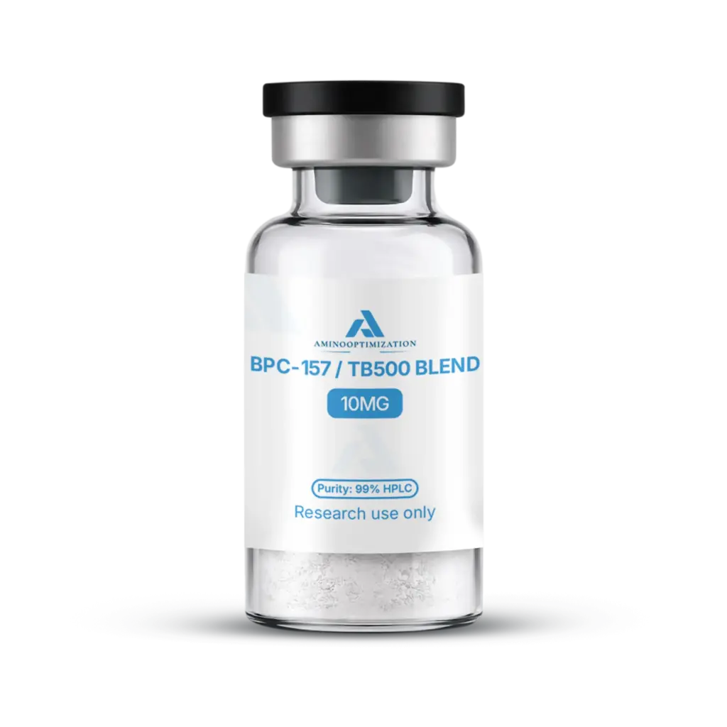 BPC-157 / TB500 BLEND research vial of lyophilised powder, AminoOptimization label