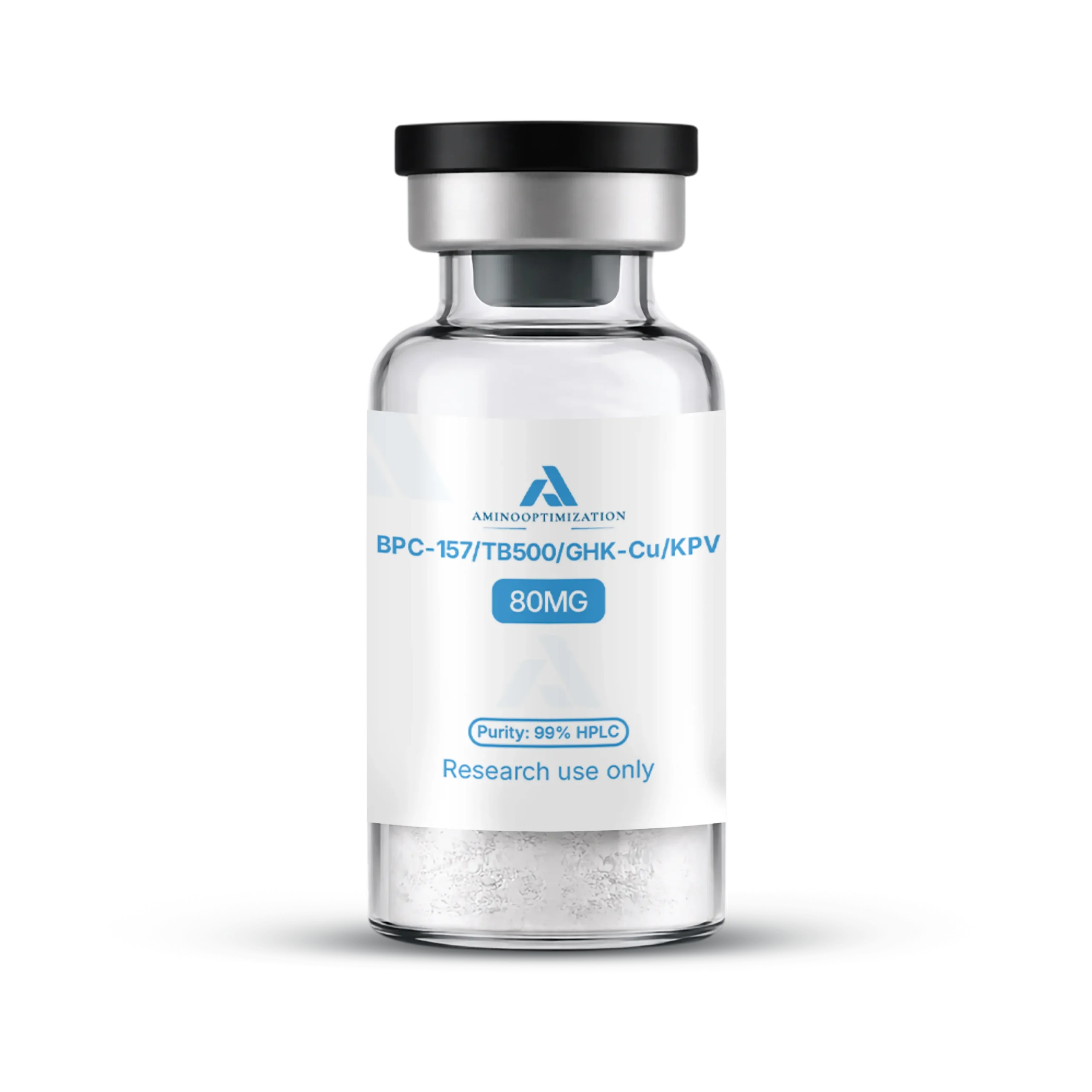 BPC-157/TB500/GHK-Cu/KPV research vial of lyophilised powder, AminoOptimization label