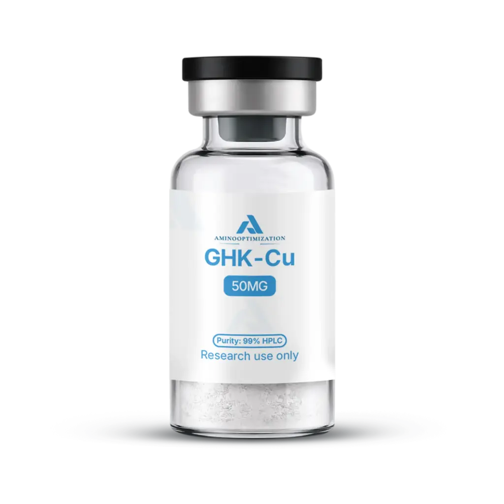 GHK-Cu research vial of lyophilised powder, AminoOptimization label