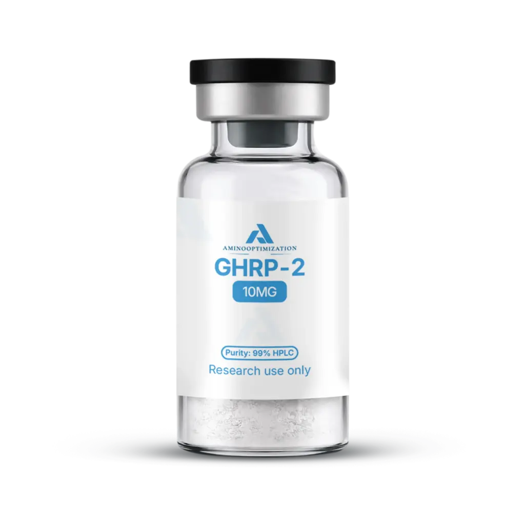 GHRP-6 research vial of lyophilised powder, AminoOptimization label