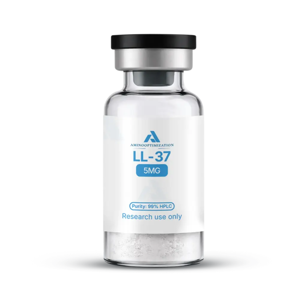 LL-37 research vial of lyophilised powder, AminoOptimization label