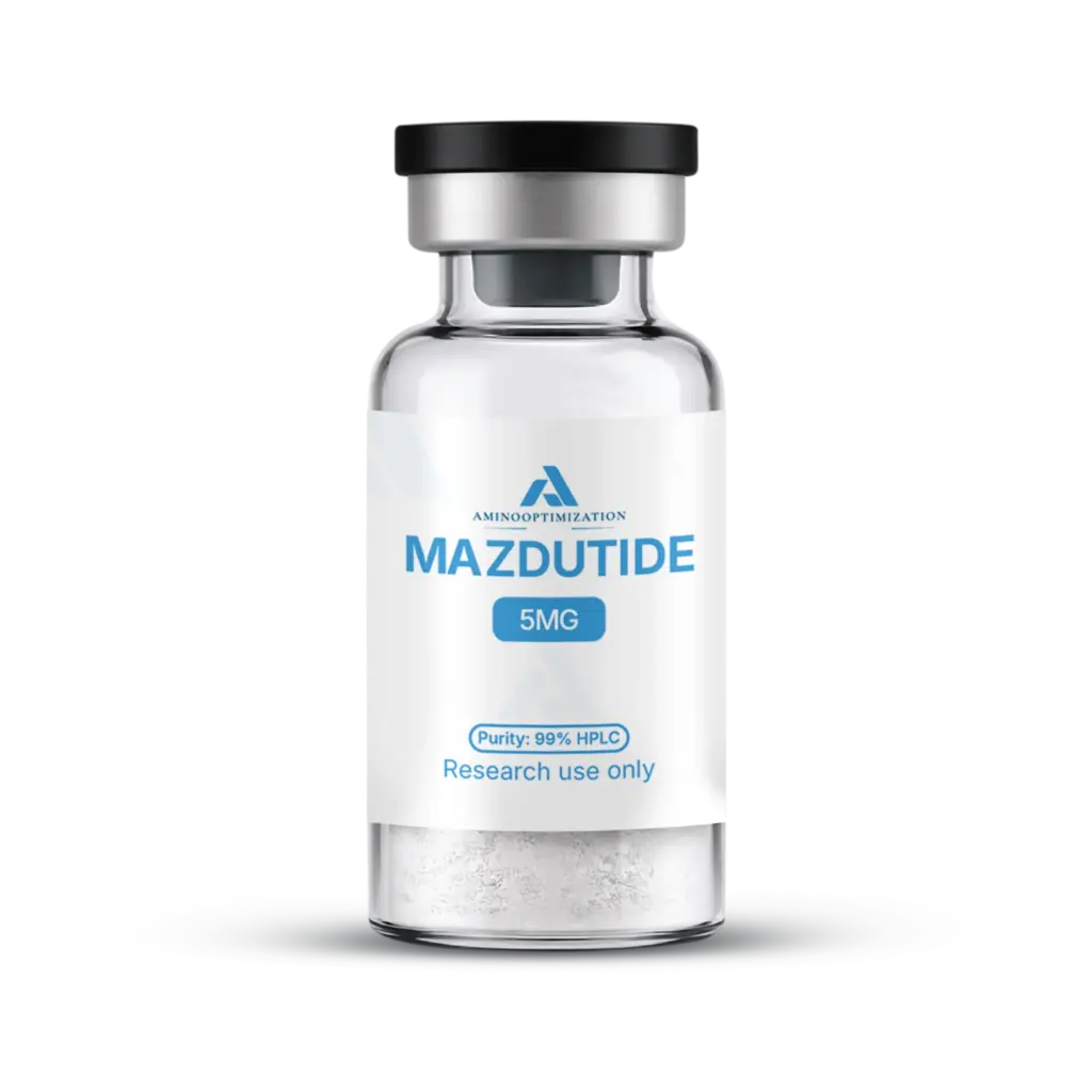 MAZDUTIDE research vial of lyophilised powder, AminoOptimization label