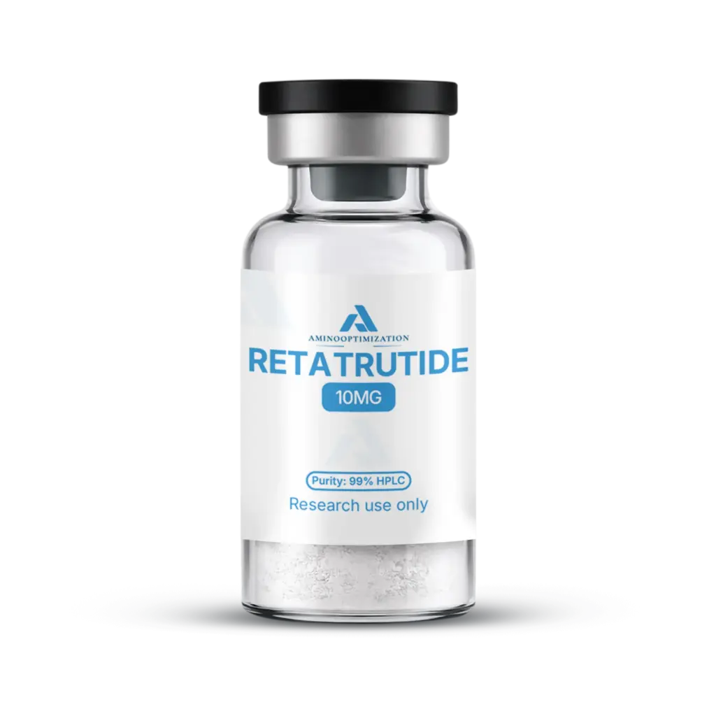 RETATRUTIDE research vial of lyophilised powder, AminoOptimization label