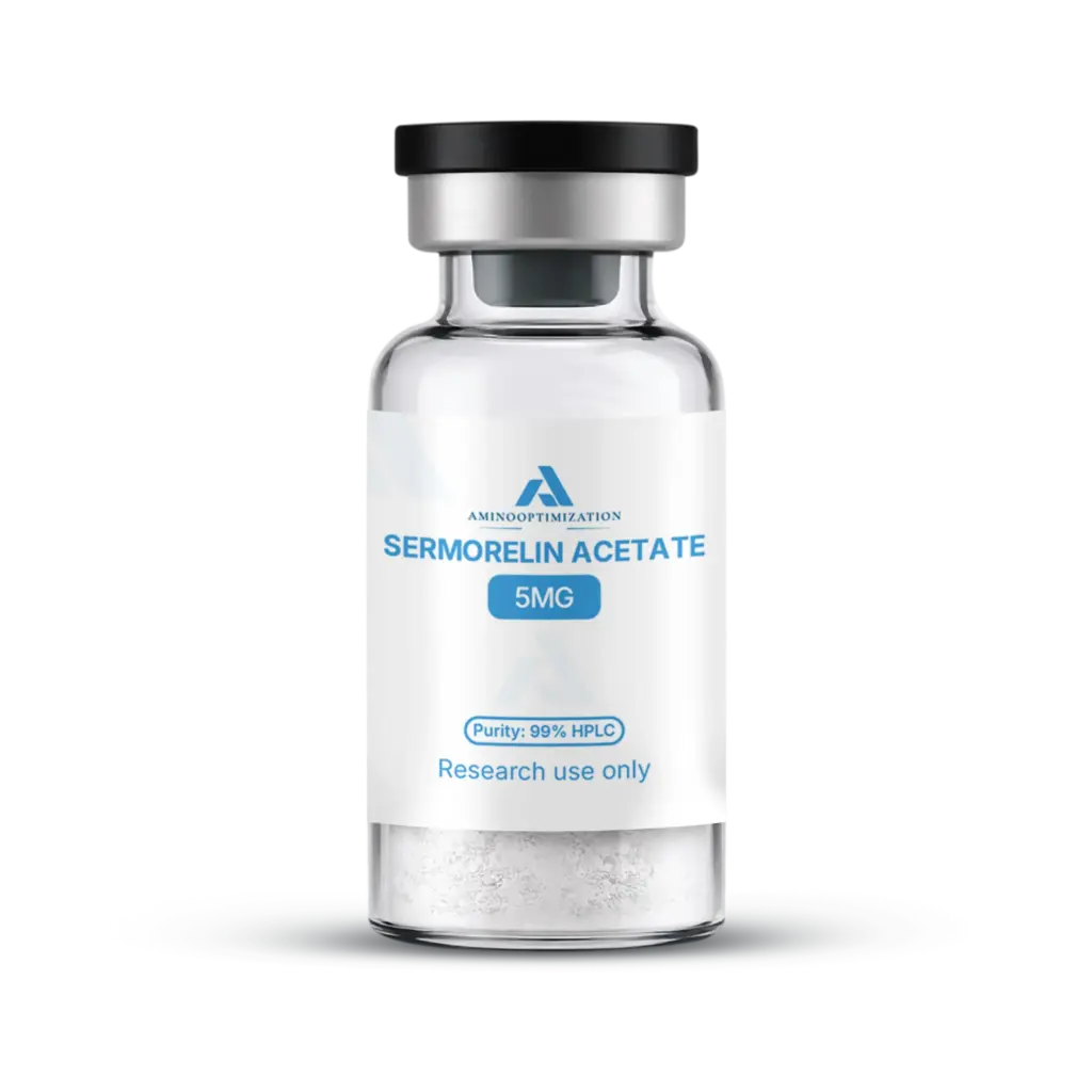 SERMORELIN ACETATE research vial of lyophilised powder, AminoOptimization label