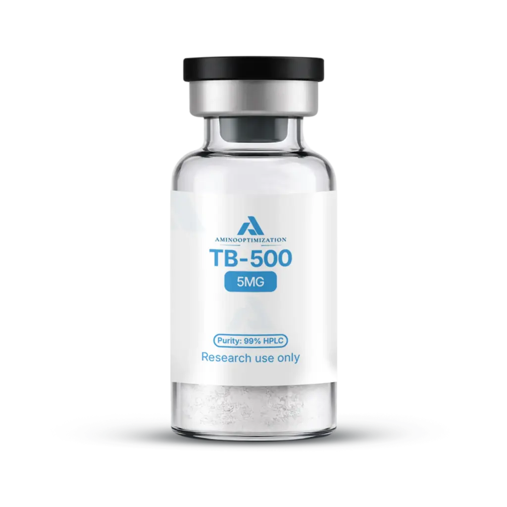 TB-500 research vial of lyophilised powder, AminoOptimization label