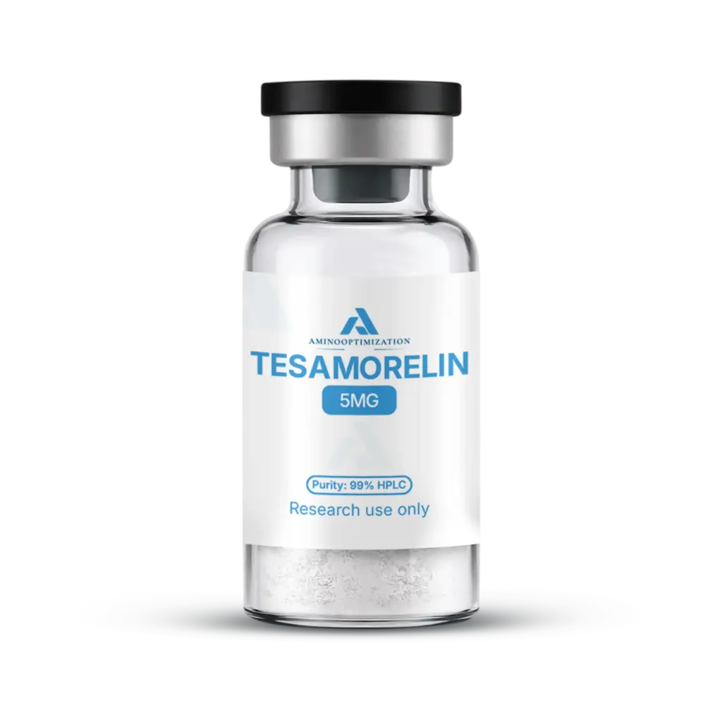 TESAMORELIN research vial of lyophilised powder, AminoOptimization label
