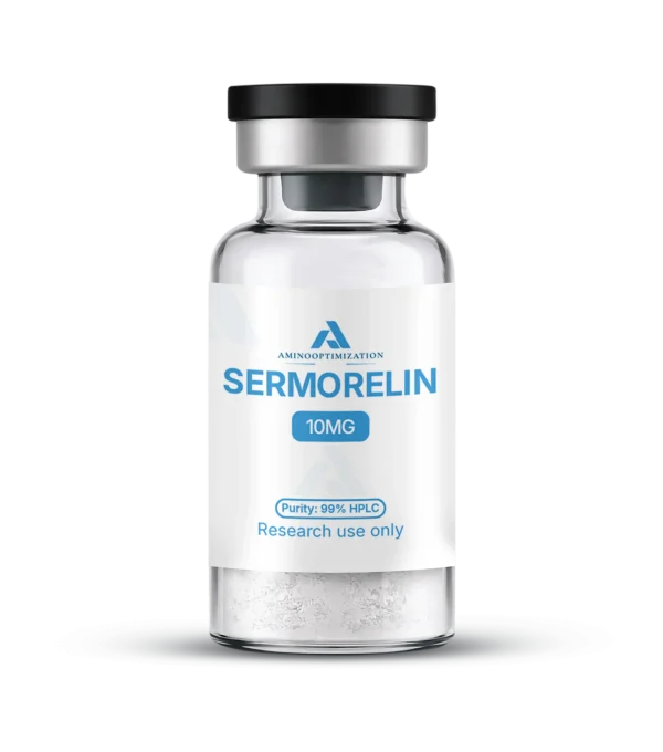 SERMORELIN research vial of lyophilised powder, AminoOptimization label