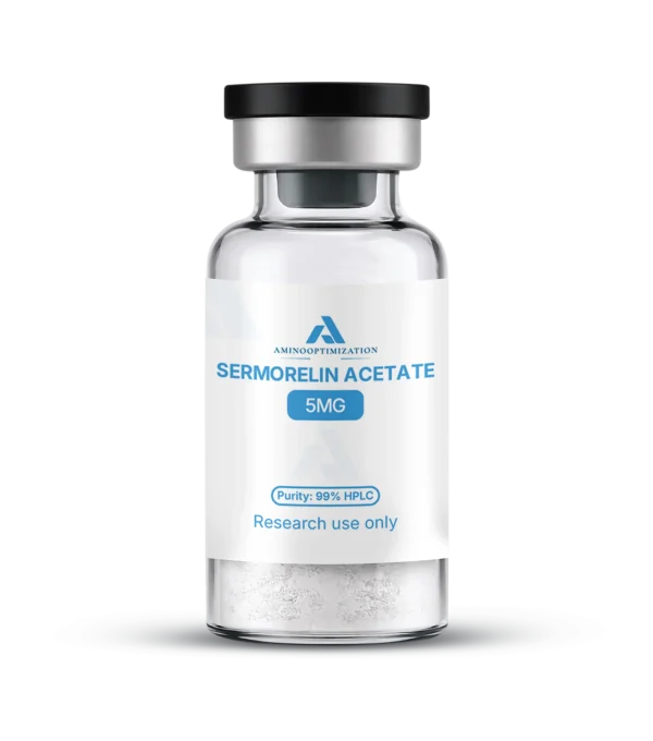 SERMORELIN ACETATE research vial of lyophilised powder, AminoOptimization label